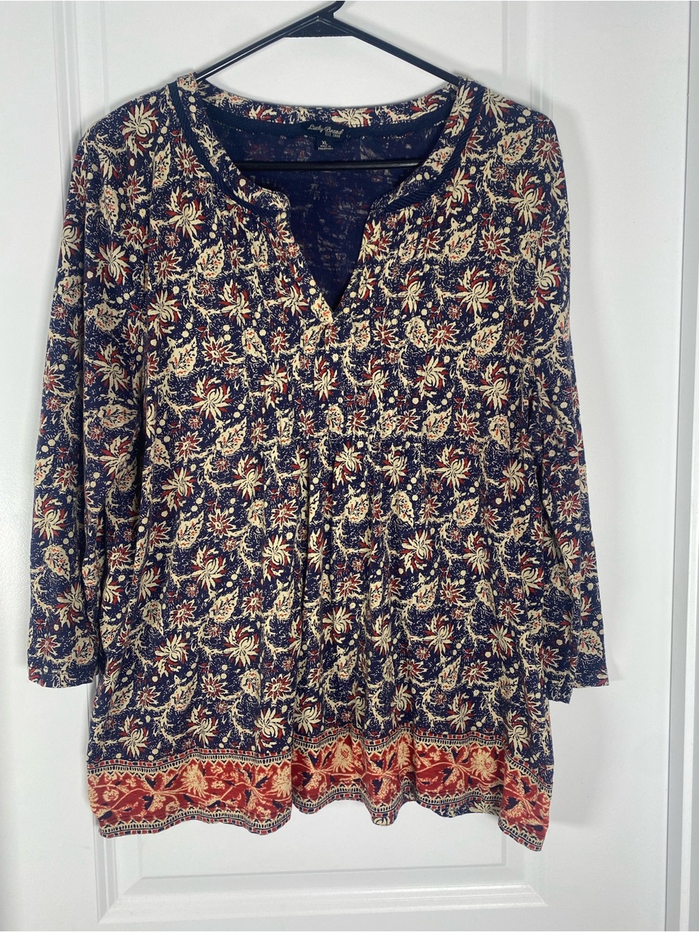 Lucky Brand Boho Floral Split-Neck Tunic Top - Navy & Cream